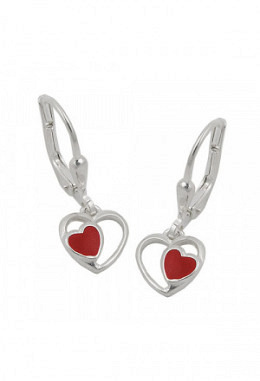 Ohrhänger Herz mit Herz rot, Silber 925