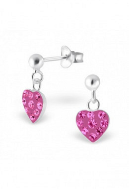 Ohrstecker Herz hängend pink Kristall, Silber 925