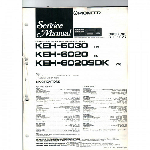 Pioneer Cassette Car Stereo KEH-6020/6..