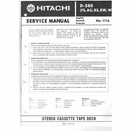 Cassette Deck  D-580  Hitachi Service ..