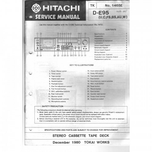 Cassette Deck  D-E95  Hitachi Service ..