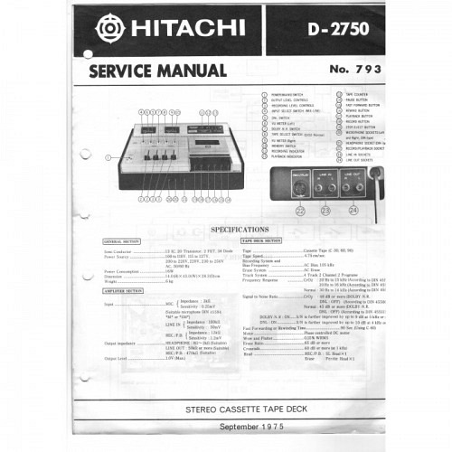  Tape Recorder D-2750  Hitachi Service..