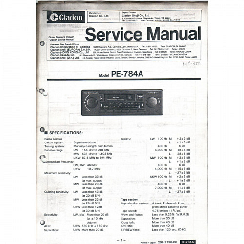 Clarion PE-784A Car Cass.Radio Service..