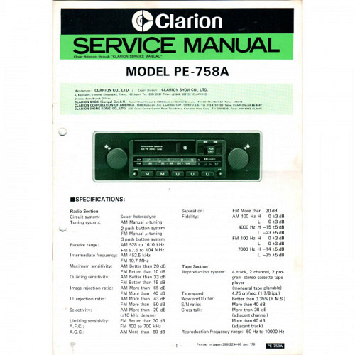 Clarion PE-758A Car Cass.Radio Service..