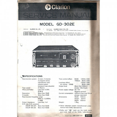 Clarion Model GD-302E Car Cassette Pla..