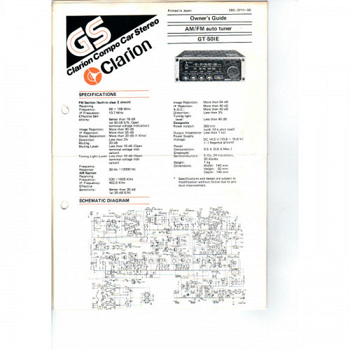 Clarion Model GT-501E Car AM/FM Tuner ..