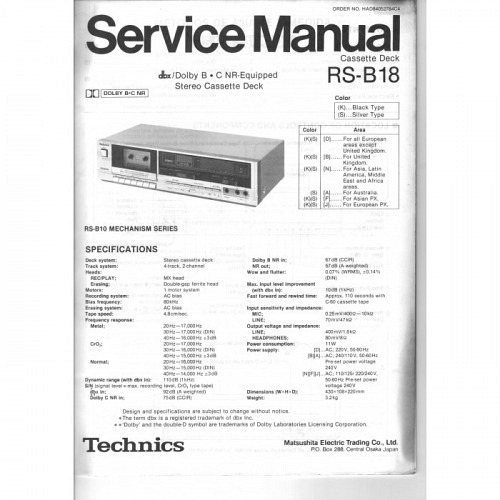 Cassette Deck  RS-B18   Technics  Service Manual