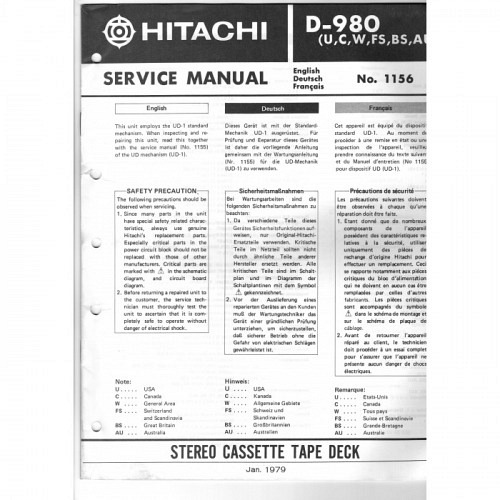 Cassette Deck  D-980  Hitachi Service Manual