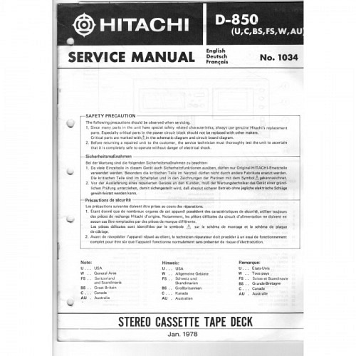 Cassette Deck  D-850  Hitachi Service Manual