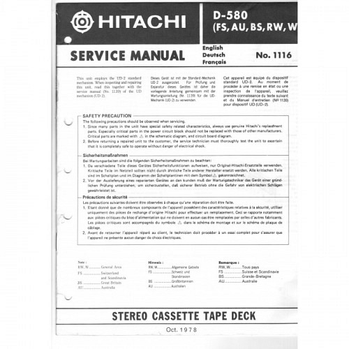 Cassette Deck  D-580  Hitachi Service Manual
