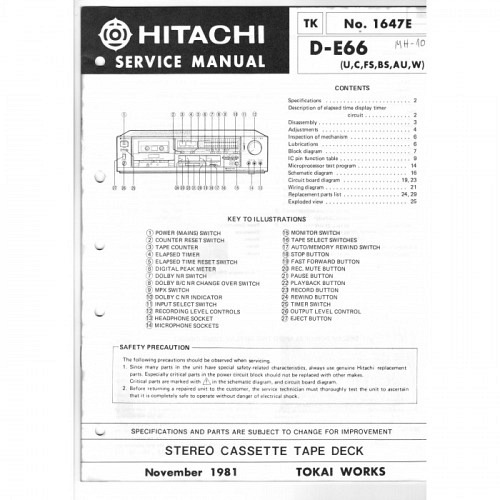 Cassette Deck  D-E66  Hitachi Service Manual