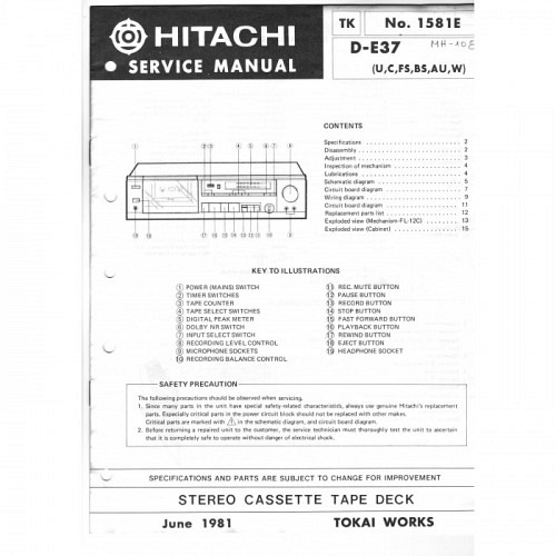 Cassette Deck  D-E37  Hitachi Service Manual