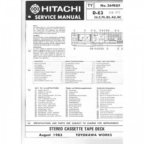 Cassette Deck  D-E3  Hitachi Service Manual