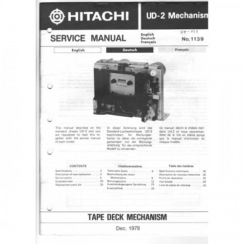 Tape Deck Mechanism   UD-2  Hitachi Service Manual