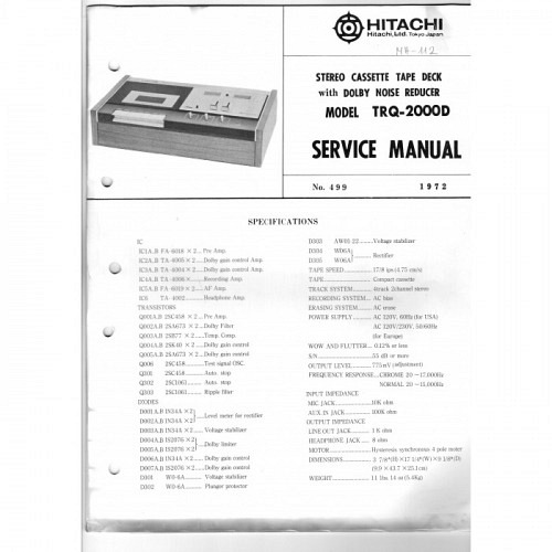 Cassette Deck TRQ-2000D  Hitachi Service Manual