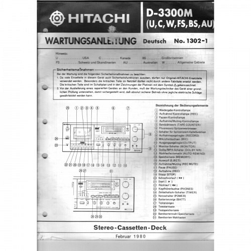 Cassette Deck  D-3300M.  Hitachi Service Manual