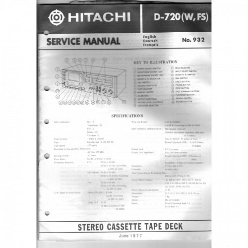 Cassette Deck  D-720.  Hitachi Service Manual