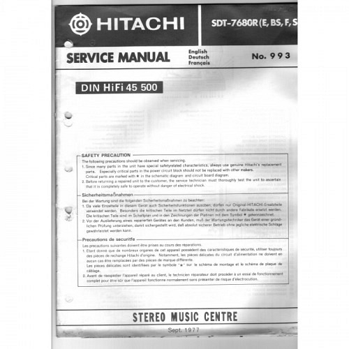 Stereo Music Centre  SDT-7680R.  Hitachi Service Manual