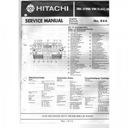 Stereo Tape Recorder TRK-5190E.  Hitachi Service Manual