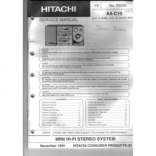 Mini HI-FI Stereo System  AX-C10  Hitachi Service Manual