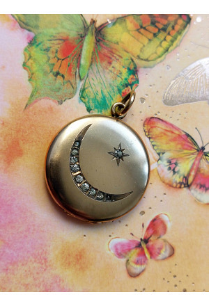 Moon Crescent and Star Victorian Locket with Rhinestones