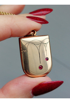 Art Nouveau Fancy Rose Gold Plated Locket with Red Rhinest..