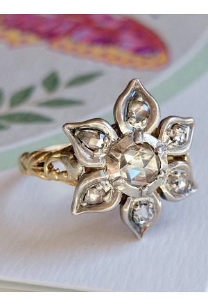 Victorian Unique Daisy Ring with rose cut diamonds in 18k ..