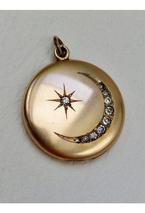 Antique Celestial Gold Filled Locket - Rhinestones Moon & ..