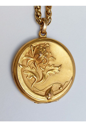 Art Nouveau Gold Moon and Flower Locket - Monogram CEH