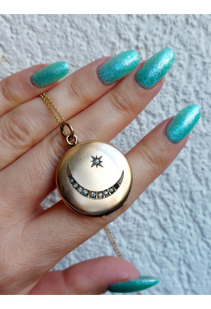 Moon Crescent and Star Victorian Locket with Rhinestones