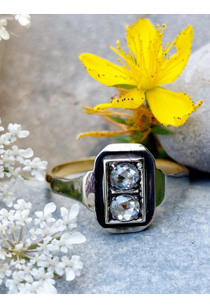 Art Deco French Toi et Moi 18k Gold Ring with Rose Cut Diamonds