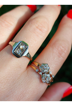 Art Deco French Toi et Moi 18k Gold Ring with Rose Cut Dia..