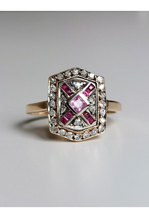 Antique Pave Diamonds Ring with a central Natural Pink Sapphire and Rubies