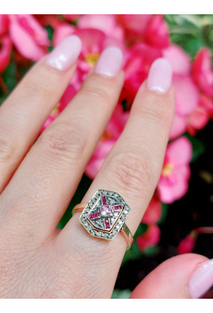 Antique Pave Diamonds Ring with a central Natural Pink Sap..