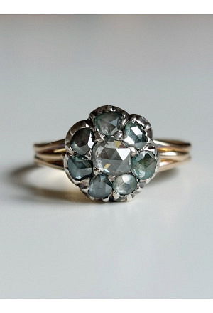 Napoleon III French 18k Gold Daisy Ring with Rose Cut Diamonds