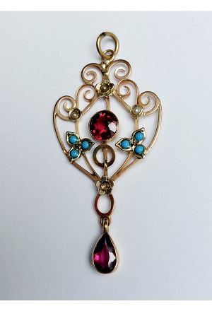 Antique Lavalier Pendant in 9ct Gold with Turquoise, Seed Pearls and Garnet