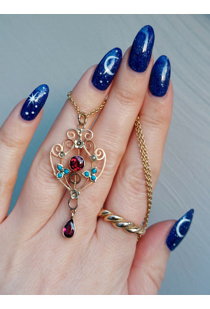 Antique Lavalier Pendant in 9ct Gold with Turquoise, Seed Pearls and Garnet