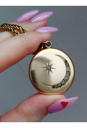 Antique Celestial Gold Filled Locket - Rhinestones Moon & ..