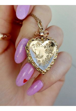 Edwardian Heart Swallow Bird Gold Locket with a Bow