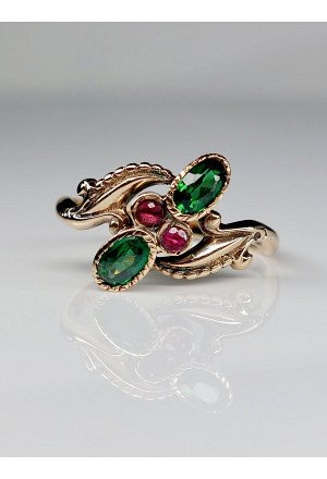 Victorian Emerald, Garnet and Ruby Ring in 10k Gold