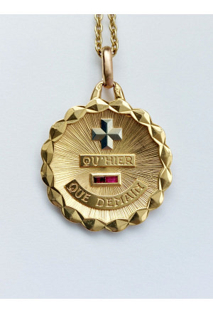 Vintage 18k Gold French Pendant with Rubies signed Augis