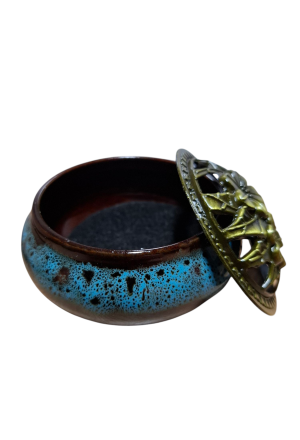 Räuchergefäss mit Deckel, glasiert türkis