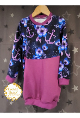 Ballonkleid handmade Grösse 122 Blumen/Anker blau/lila