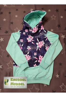 Hoodie handmade Grösse 128 Blumen rosa/mint/jeansblau