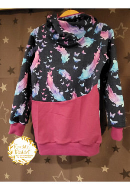 Hoodie handmade Grösse 122 Federn/Schmetterling blau/violett